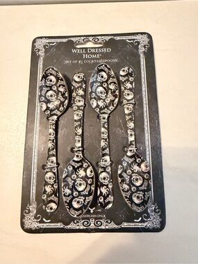 Well Dressed Home Set of 4 Skull Cocktail Spoons Black White Gothic Goth NEW